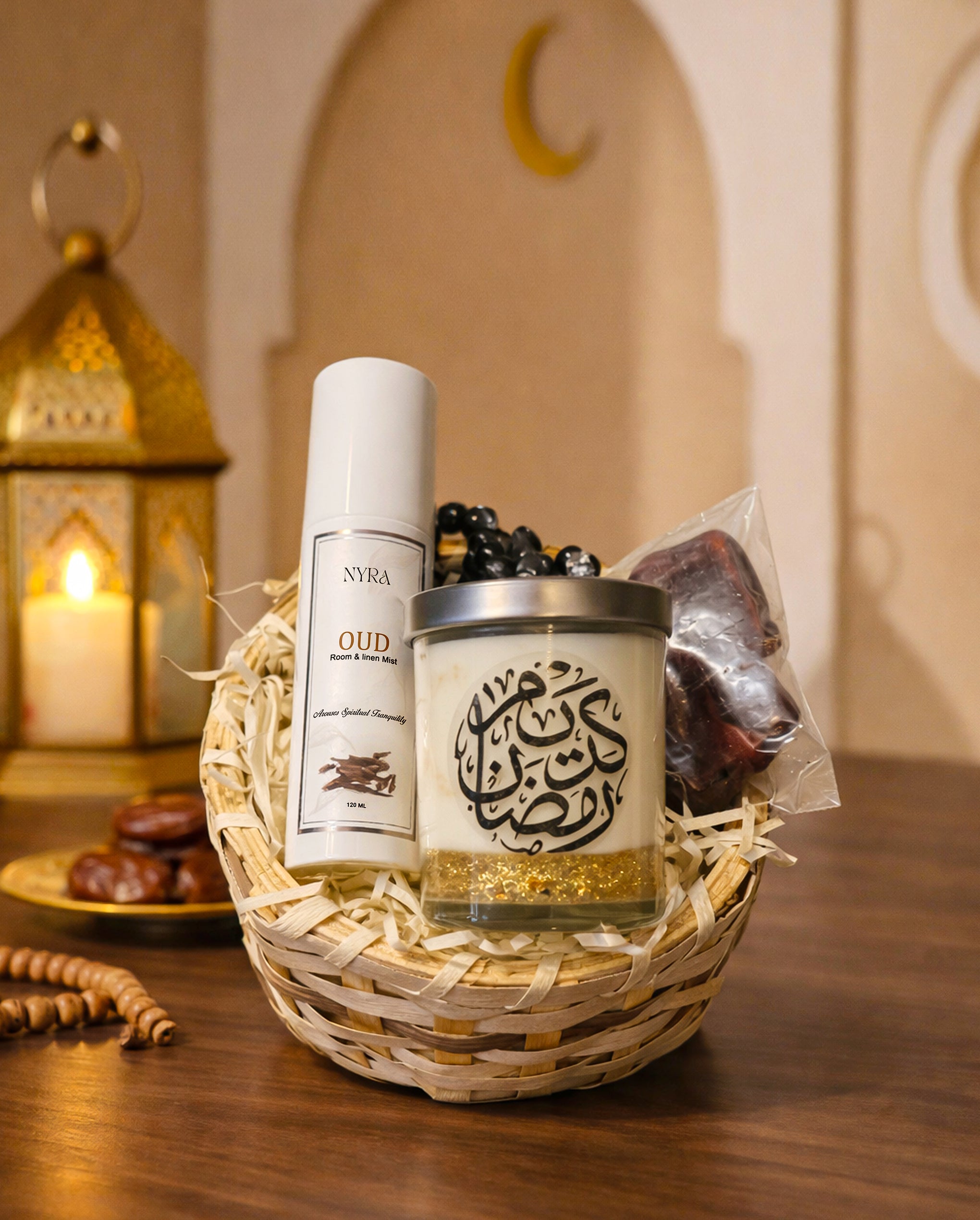 Ramadan Gift Basket – Scented Candle, Room & Linen Mist, Dates & Tasbeeh (For Karachi)