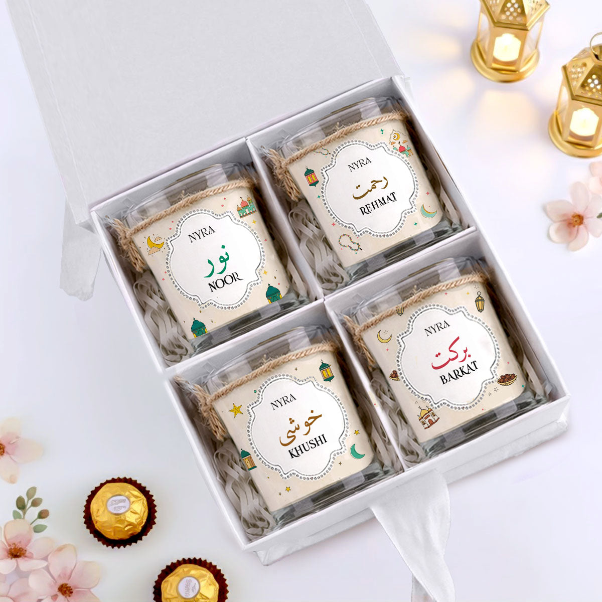 Eid candle gift box with four scented candles Noor Rehmat Barkat Khushi