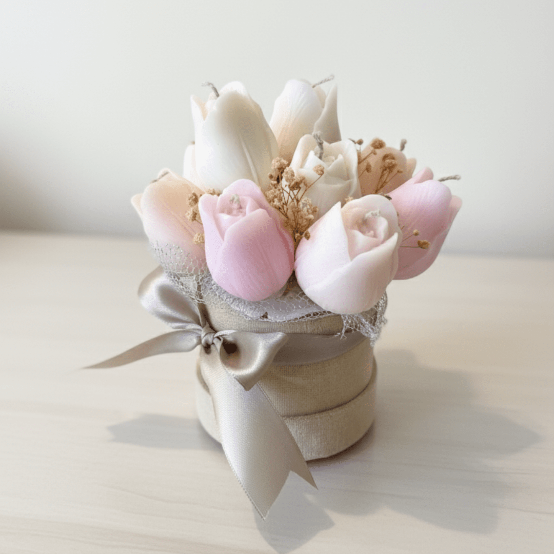 Tulip Candle Bouquet Arrangement | Handcrafted Flower Candles in Velvet Pot (7 Tulips)